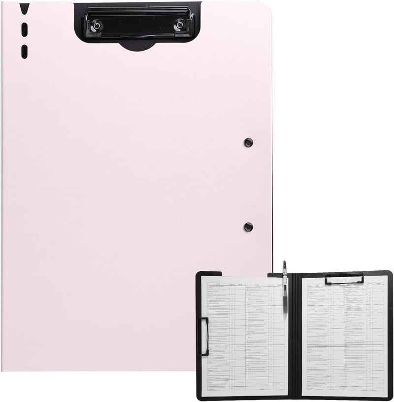 FRETONBA Clipboard Folder, A4 Foldable Clipboard with Horizontal and Vertical Double Metal Clips, 360 Degree Foldable Binder Clipboards with Pen Holder, File Cover Work Folder Clipboards, Pink - Image 1